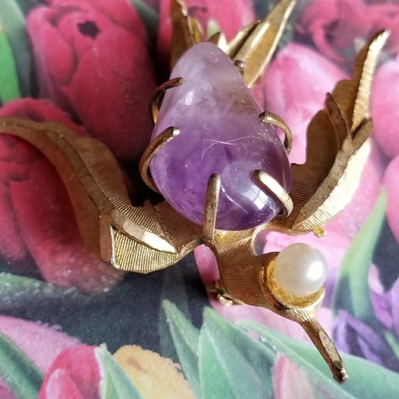 Relisted - Vintage bird brooch Amethyst and faux pearl gold - Picture 4 of 5